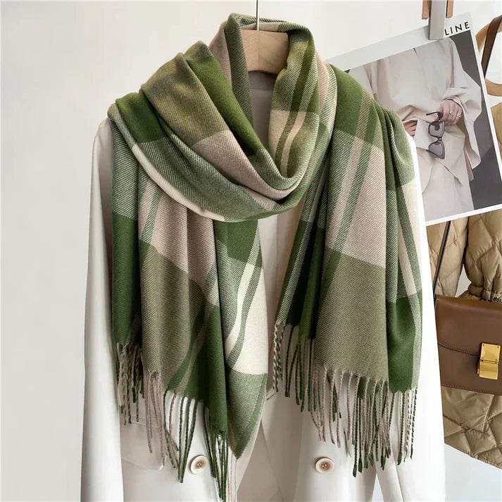 Women's Oversized Check Scarf - Soft Wool with Fringed Edges-The Yellow Prime