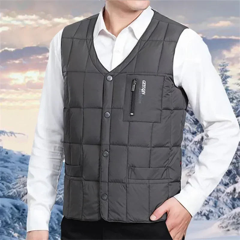 Men's Lightweight Down Vest - V Neck, Polyester, Winter Wear