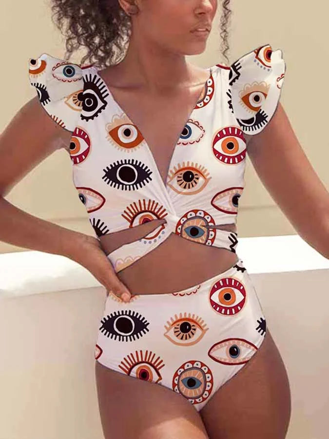 Sophia | Women's Elegant Bikini Set with Ruffles and Eye Print-The Yellow Prime