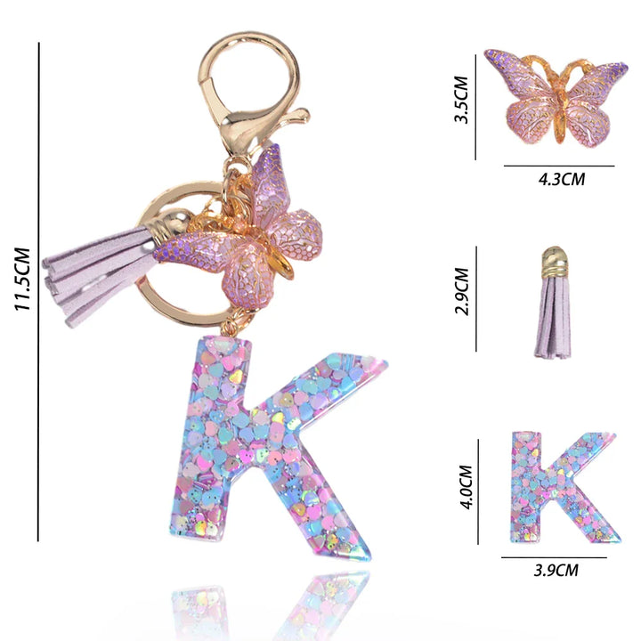 Women's Sequin Letter Keychain with Butterfly Tassel Charm-The Yellow Prime