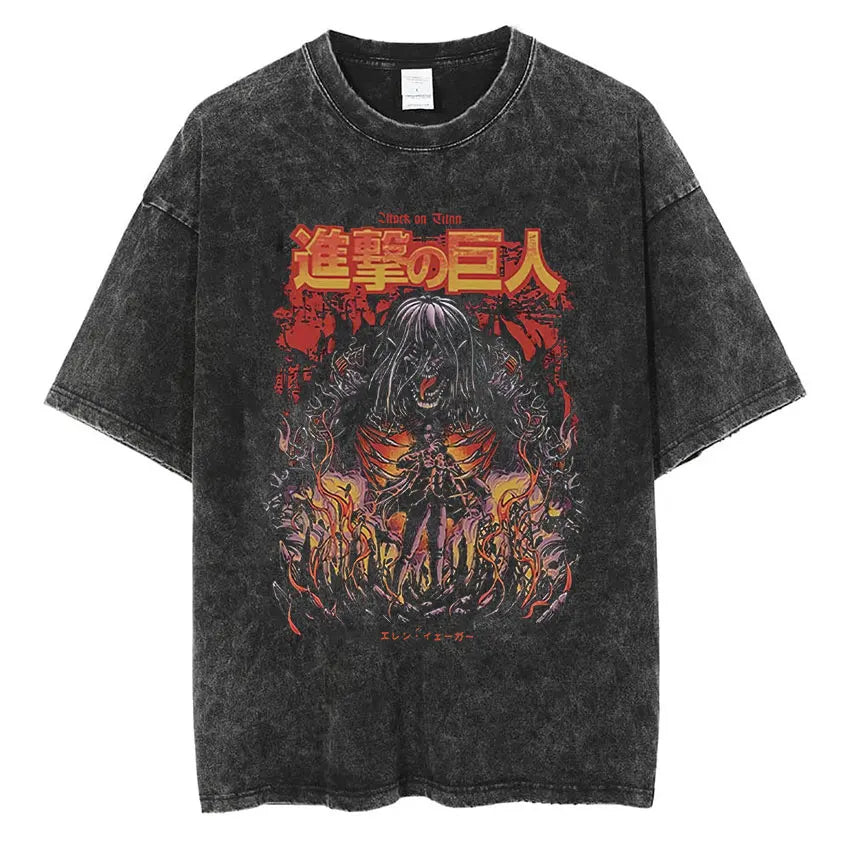 Men's Vintage Washed Anime Print T-shirt with Wings of Freedom Design-The Yellow Prime