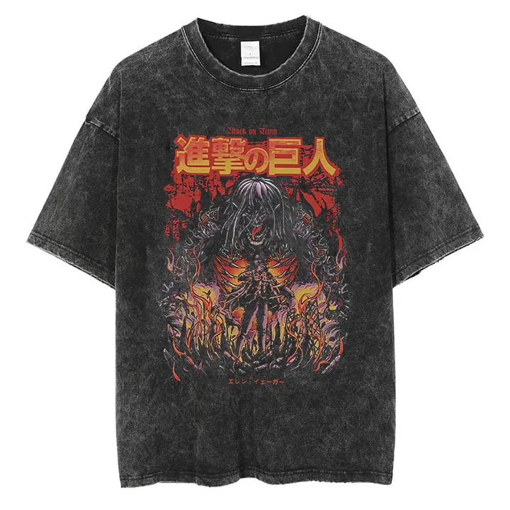 Men's Vintage Washed Anime Print T-shirt with Wings of Freedom Design-The Yellow Prime