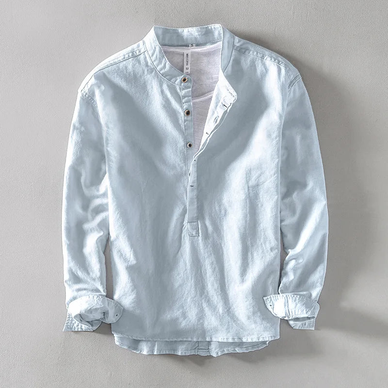 Men's Linen Mandarin Collar Shirt-The Yellow Prime