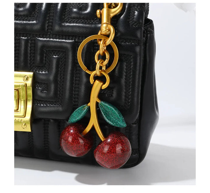 Women's Red Cherry Keychain Bag Charm with Gold Leaf Clasp-The Yellow Prime