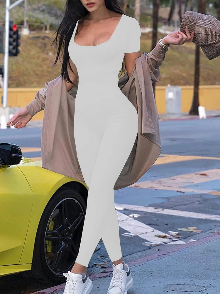 Women's Short Sleeve Solid Bodycon Jumpsuit for Casual Fitness Wear-The Yellow Prime