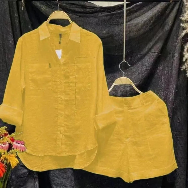 Women's Summer Cotton Linen Casual 2 Piece Set - White Shirt & Shorts-The Yellow Prime
