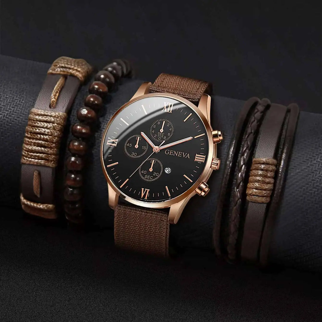 Men's Casual Quartz Watch and Bracelet Set with Nylon Band-The Yellow Prime