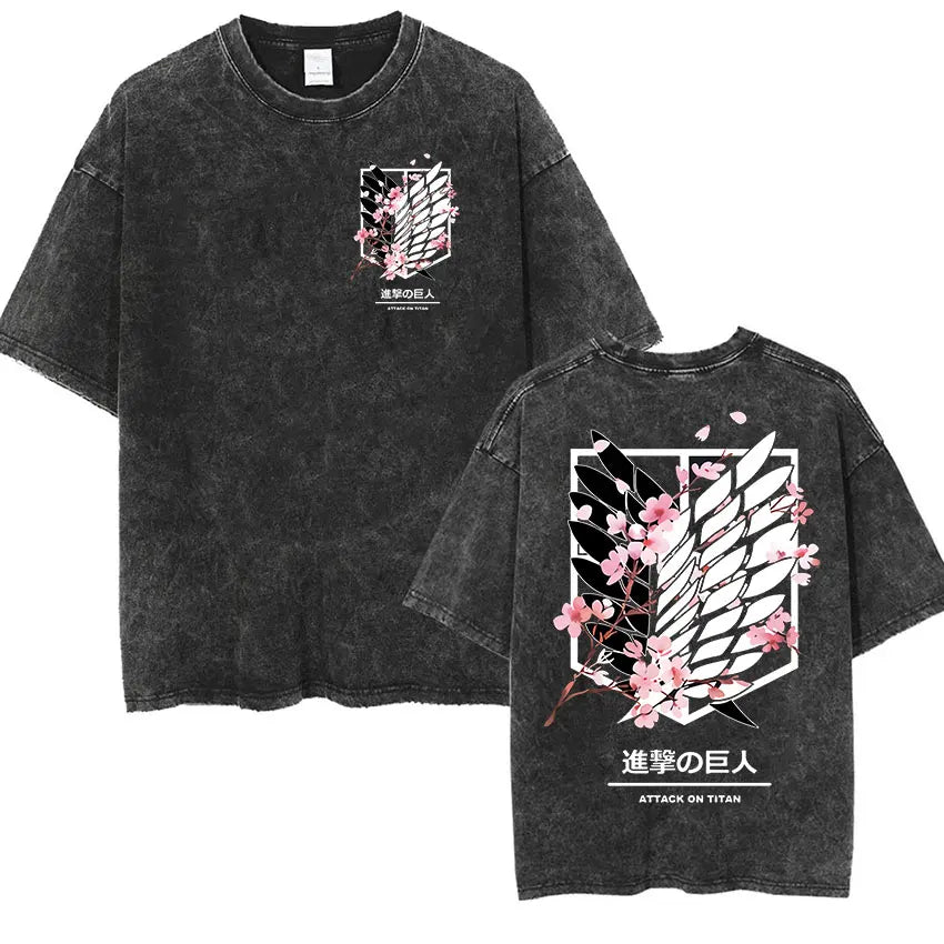 Men's Vintage Washed Anime Print T-shirt with Wings of Freedom Design-The Yellow Prime