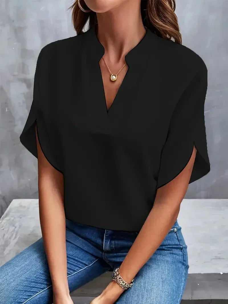 Women's V-Neck Blouse with Side Slits-The Yellow Prime
