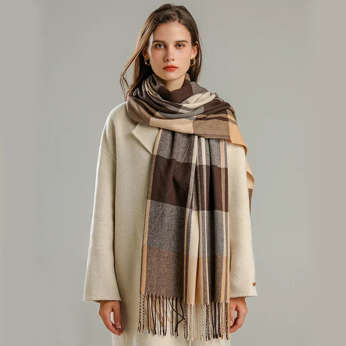 Women's Oversized Check Scarf - Soft Wool with Fringed Edges-The Yellow Prime
