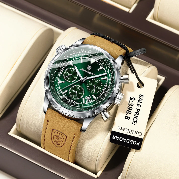 Men's Waterproof Luminous Quartz Chronograph Watch with Date Leather Band-The Yellow Prime