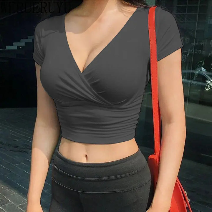 Women's Summer Black Sexy V-neck Crop Top Short Sleeve T-shirt-The Yellow Prime