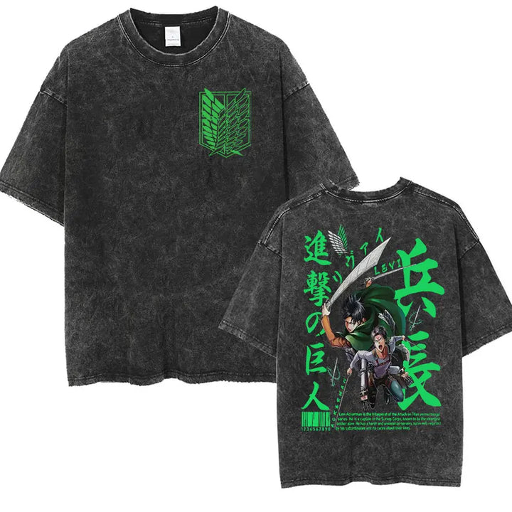 Men's Vintage Washed Anime Print T-shirt with Wings of Freedom Design-The Yellow Prime