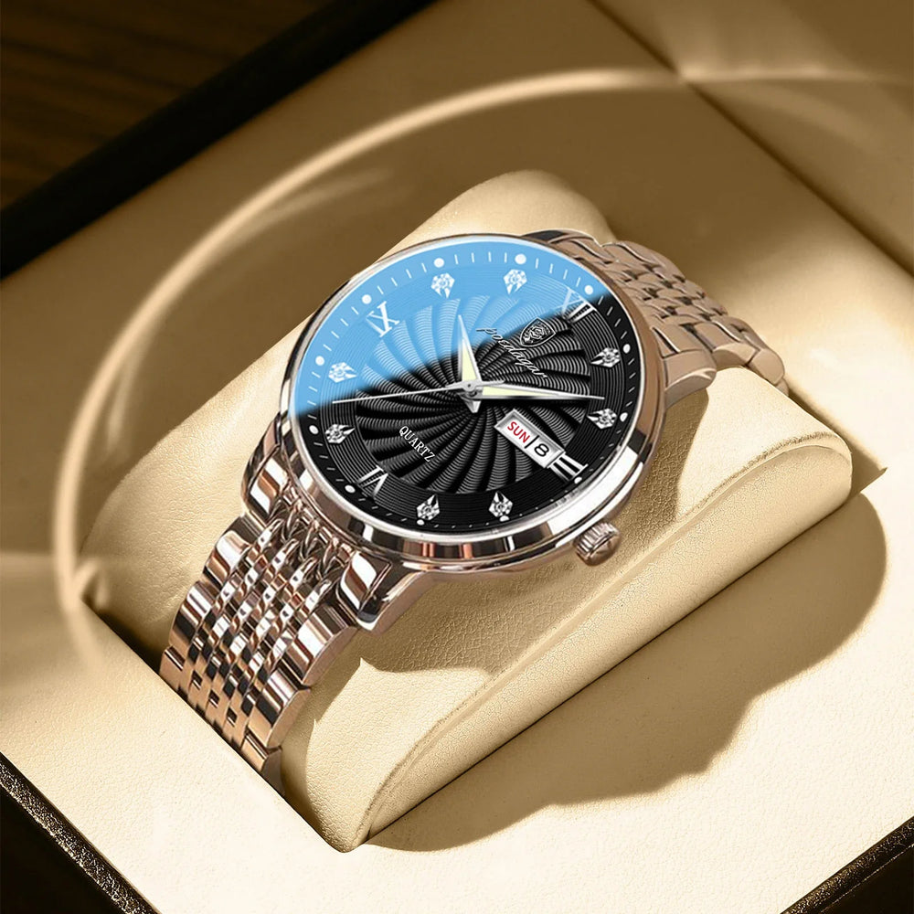 Men's Stainless Steel Luminous Quartz Wristwatch with Date and Week-The Yellow Prime