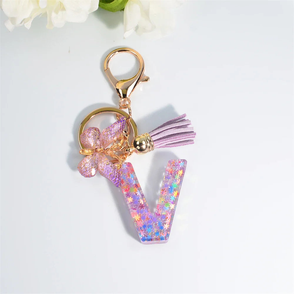 Women's Sequin Letter Keychain with Butterfly Tassel Charm-The Yellow Prime