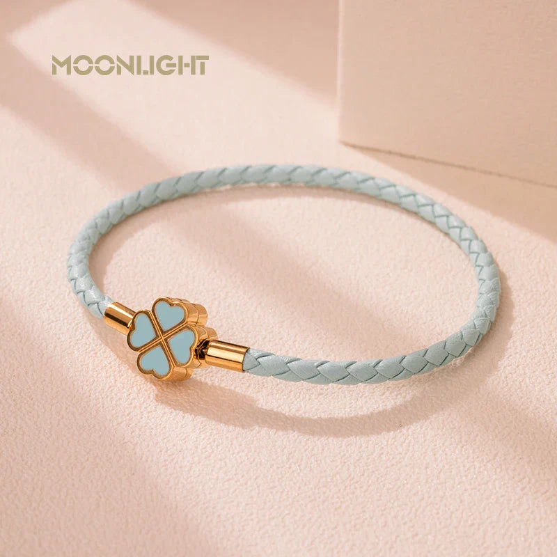 Women's Braided Leather Lucky Bracelet with Four Leaf Clover-The Yellow Prime
