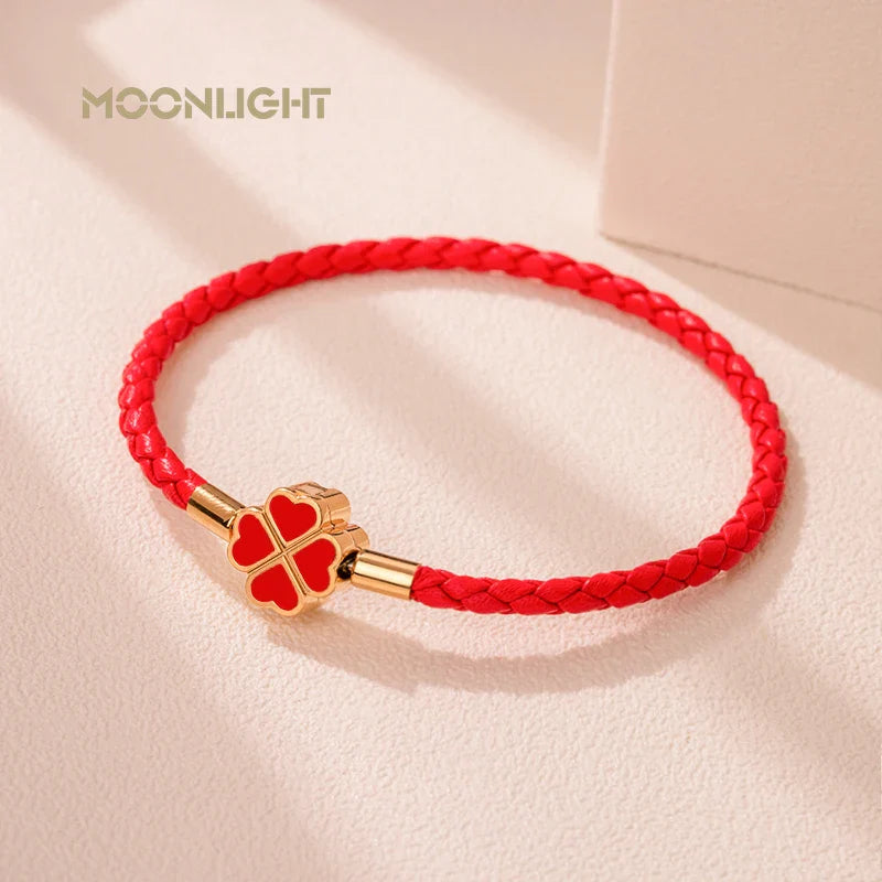 Women's Braided Leather Lucky Bracelet with Four Leaf Clover-The Yellow Prime