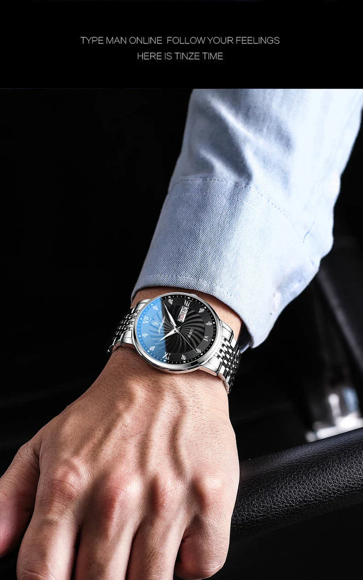 Men's Stainless Steel Luminous Quartz Wristwatch with Date and Week-The Yellow Prime
