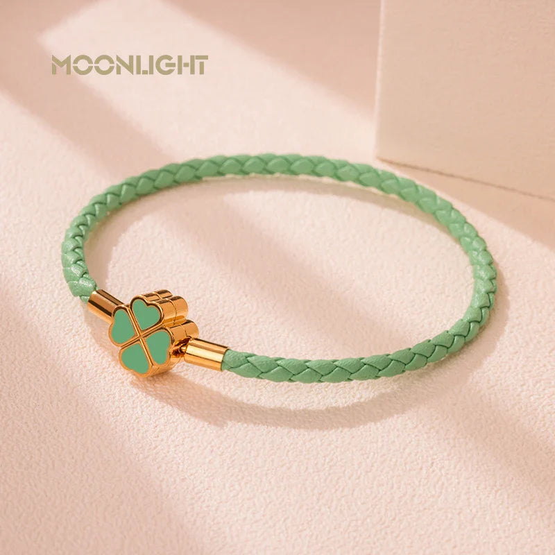 Women's Braided Leather Lucky Bracelet with Four Leaf Clover-The Yellow Prime