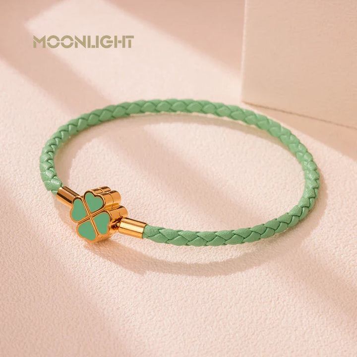 Women's Braided Leather Lucky Bracelet with Four Leaf Clover-The Yellow Prime