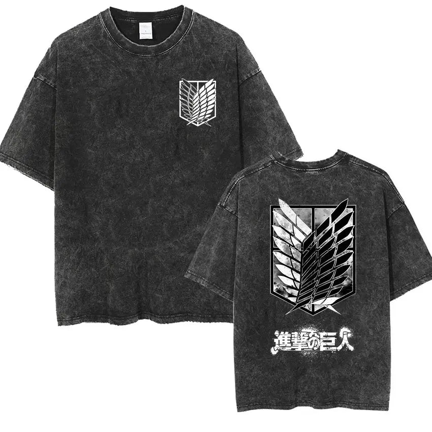 Men's Vintage Washed Anime Print T-shirt with Wings of Freedom Design-The Yellow Prime