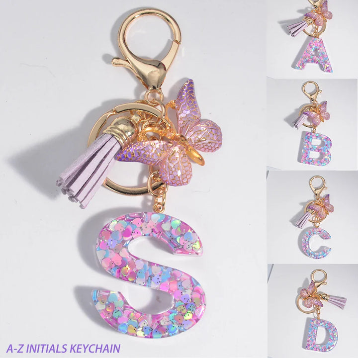 Women's Sequin Letter Keychain with Butterfly Tassel Charm-The Yellow Prime