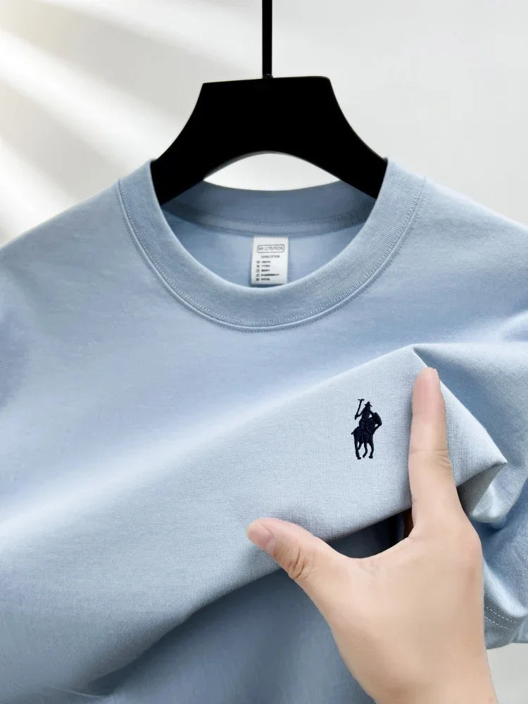 Men's Cotton Short Sleeve Round Neck T-Shirt with Pony Embroidery-The Yellow Prime