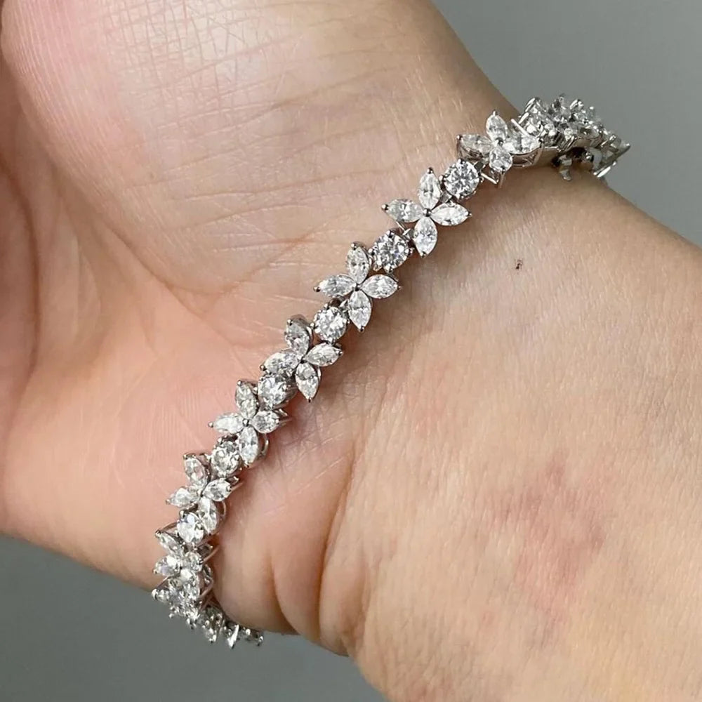 Women's Moissanite Tennis Bracelet in Sterling Silver Floral Design-The Yellow Prime