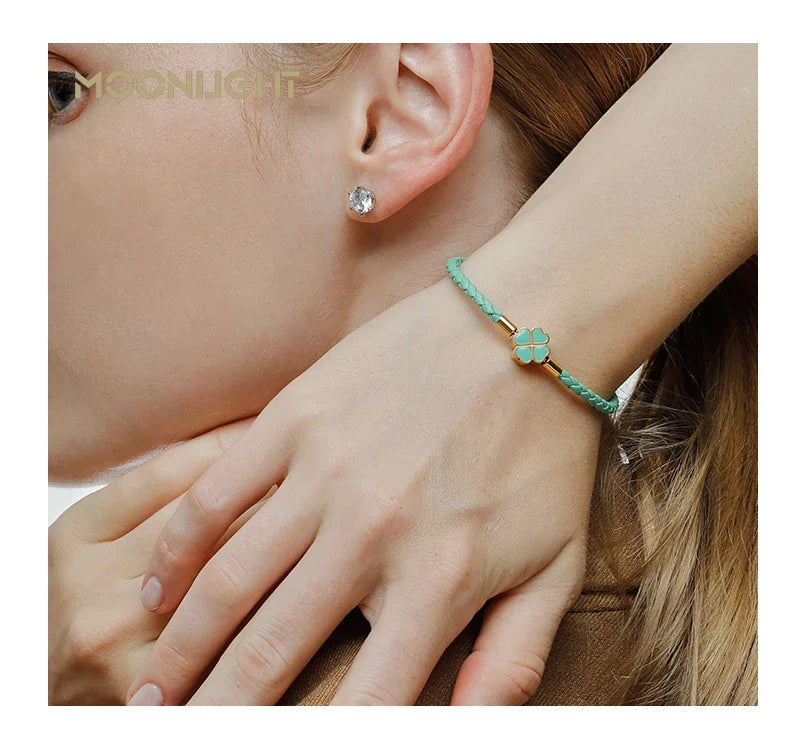 Women's Braided Leather Lucky Bracelet with Four Leaf Clover-The Yellow Prime