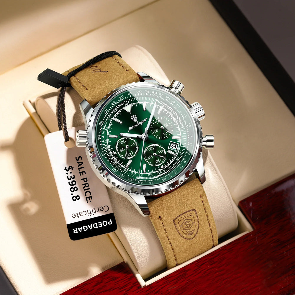 Men's Waterproof Luminous Quartz Chronograph Watch with Date Leather Band-The Yellow Prime