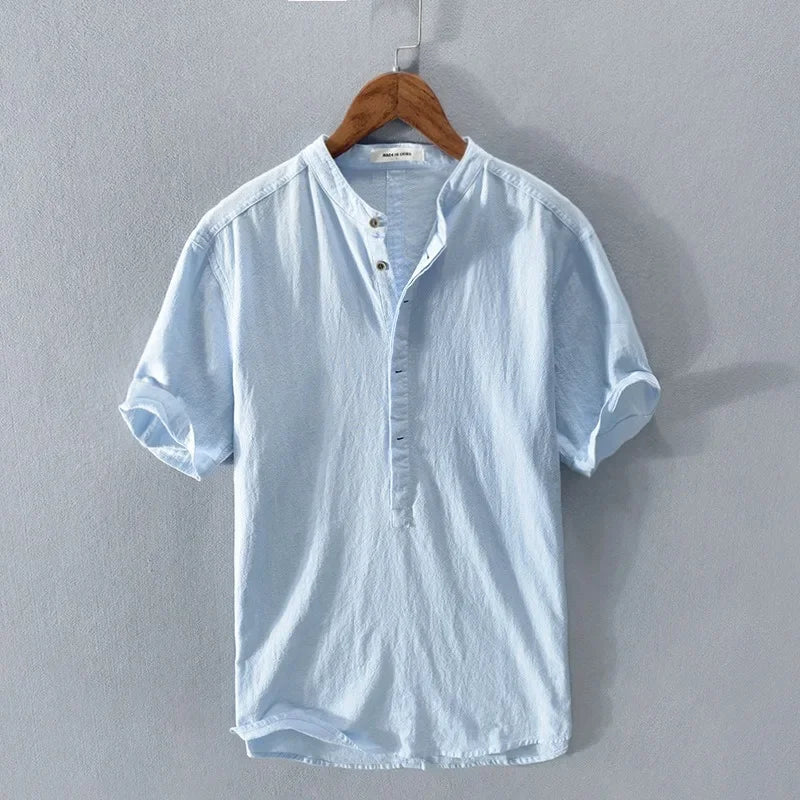 Men's Breathable Cotton Linen Loose Fit Short Sleeve Shirt-The Yellow Prime