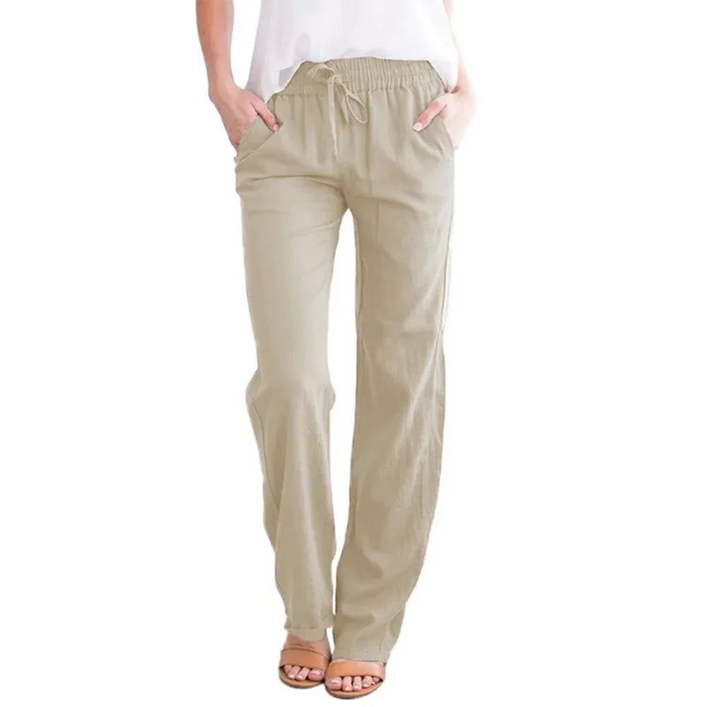 Women's Cotton Linen Drawstring Casual Pants with Elastic Waist-The Yellow Prime