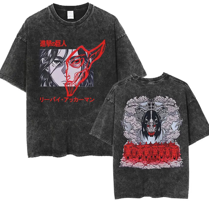 Men's Vintage Washed Anime Print T-shirt with Wings of Freedom Design-The Yellow Prime