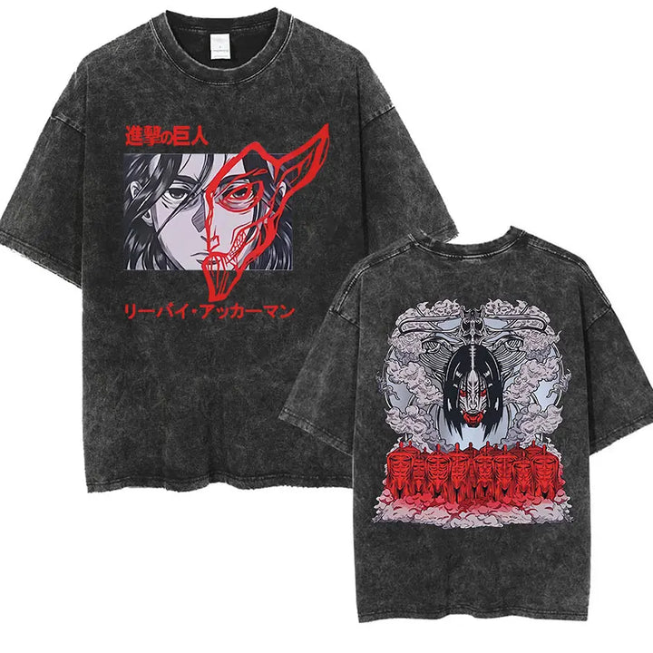 Men's Vintage Washed Anime Print T-shirt with Wings of Freedom Design-The Yellow Prime