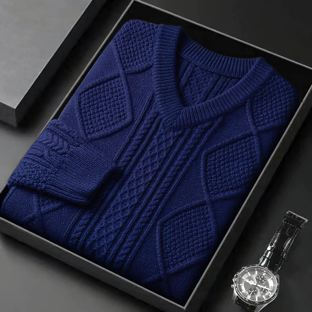 William | Men's Cable Knit V-Neck Wool Pullover Sweater