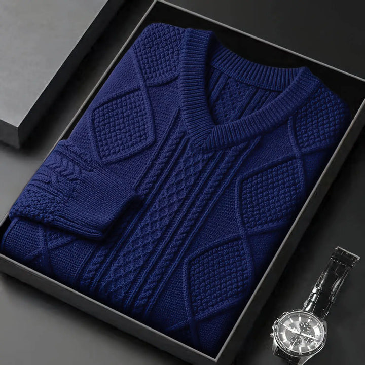 William | Men's Cable Knit V-Neck Wool Pullover Sweater