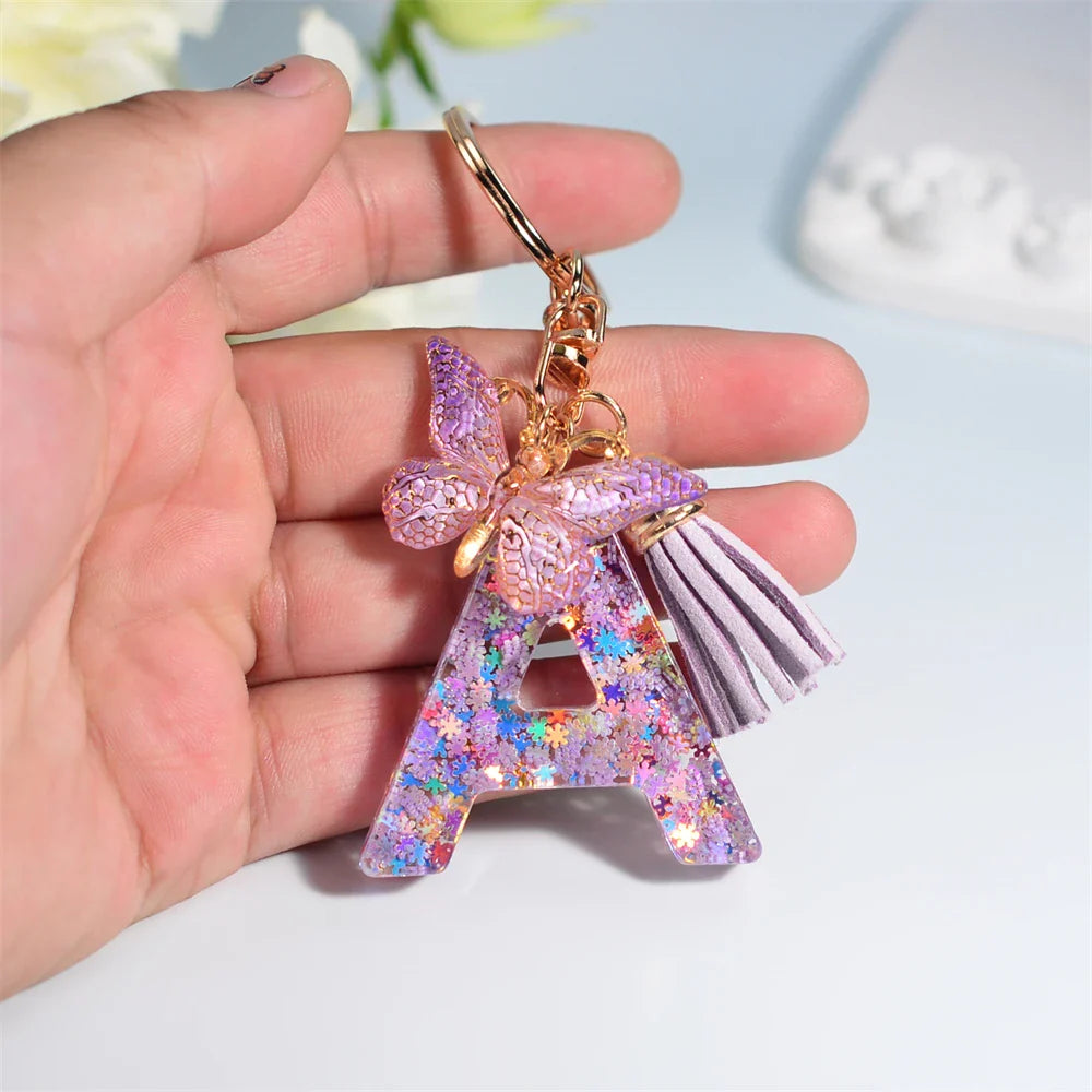 Women's Sequin Letter Keychain with Butterfly Tassel Charm-The Yellow Prime