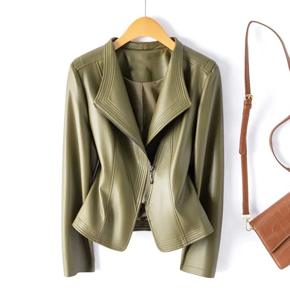 Women's Asymmetric Leather Jacket-The Yellow Prime
