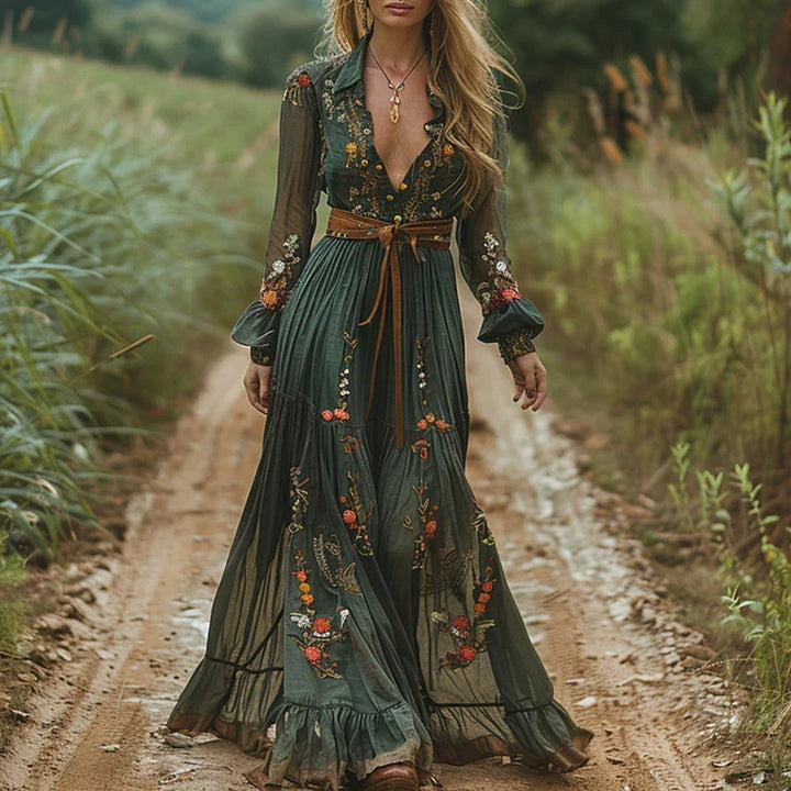 Eleanor | Women's Maxi Dress - Floral Print, Long Sleeve-The Yellow Prime