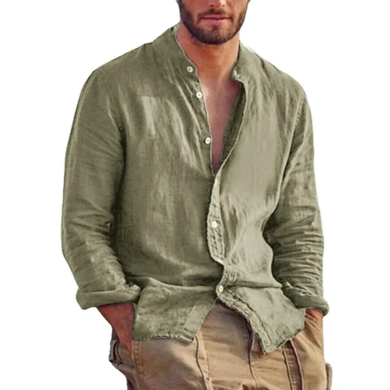 Men's Lightweight Breathable Cotton Shirt with Mandarin Collar-The Yellow Prime