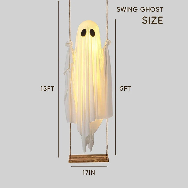 Buitenschommel met spook voor Halloween, met verlichting en houten zitje