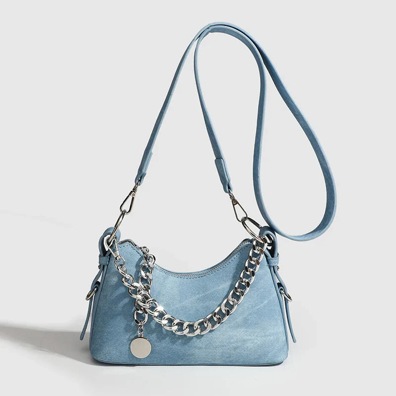 Women's Washed Denim Chain Shoulder Bag