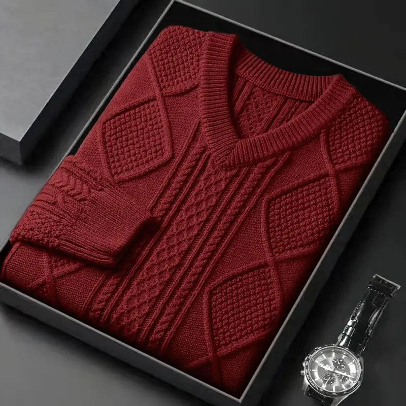 William | Men's Cable Knit V-Neck Wool Pullover Sweater