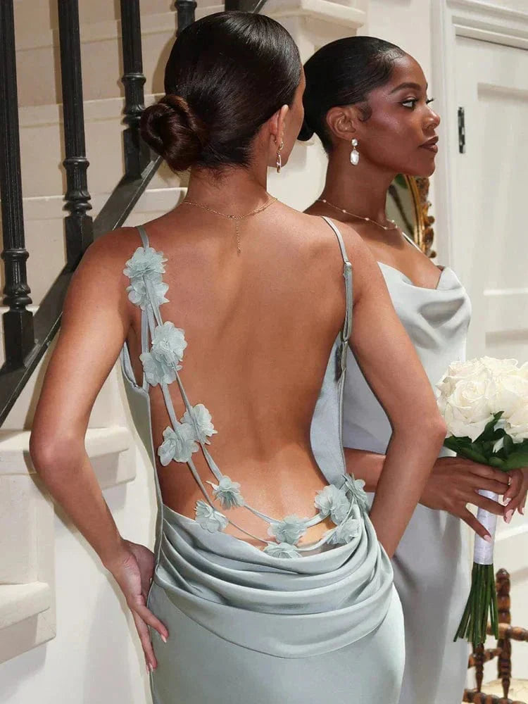 Xenia | Women's Elegant Sleeveless Satin Maxi Dress with Floral Appliqués-The Yellow Prime