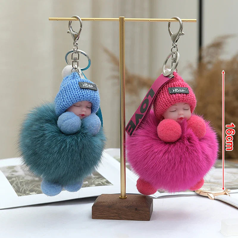 Women's Cute Pompom Sleeping Baby Plush Keychain Bag Charm-The Yellow Prime