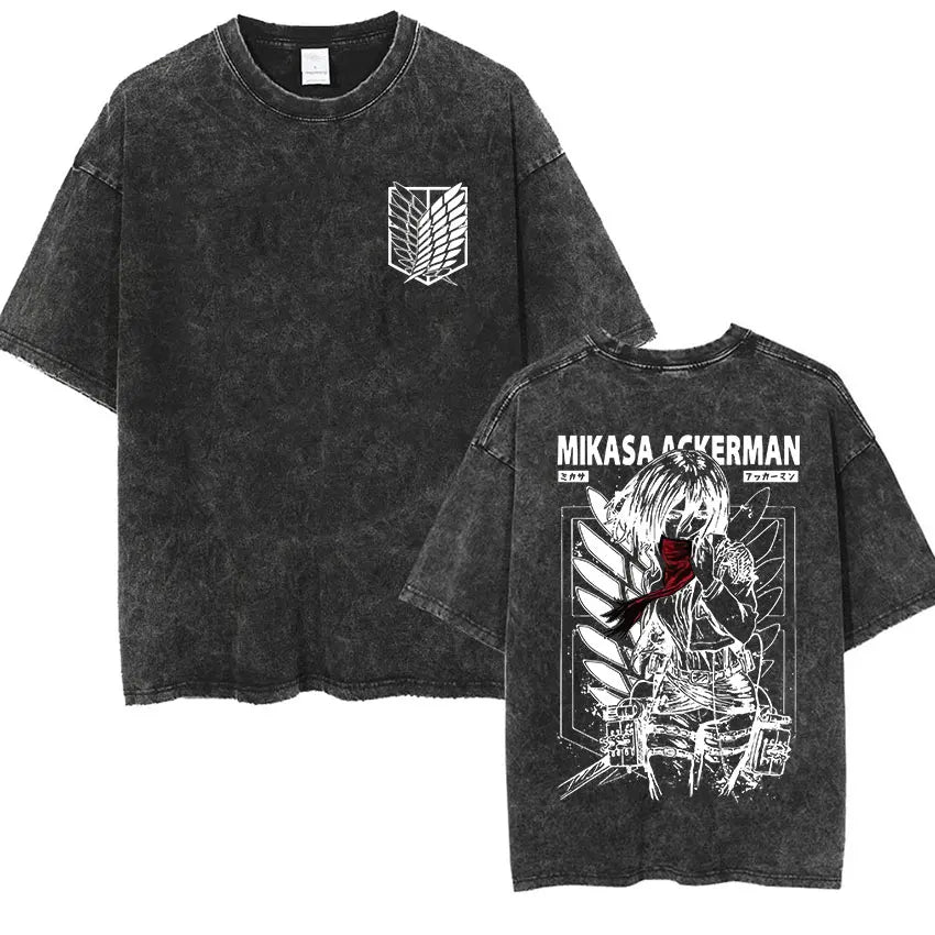 Men's Vintage Washed Anime Print T-shirt with Wings of Freedom Design-The Yellow Prime