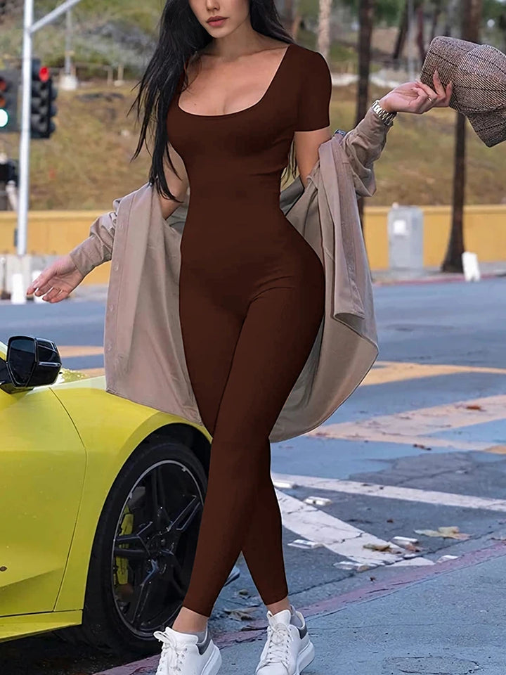 Women's Short Sleeve Solid Bodycon Jumpsuit for Casual Fitness Wear-The Yellow Prime