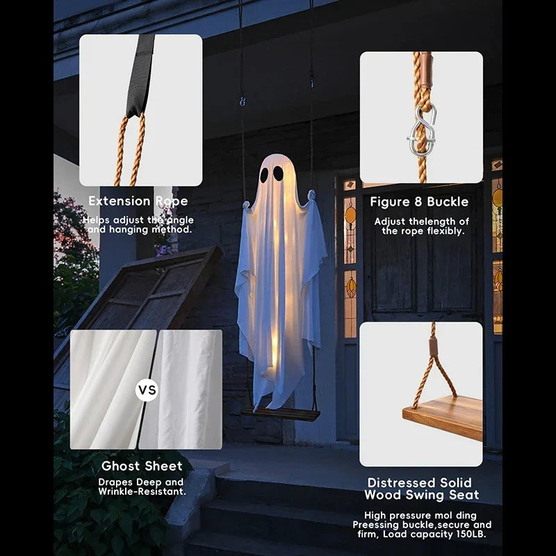Buitenschommel met spook voor Halloween, met verlichting en houten zitje