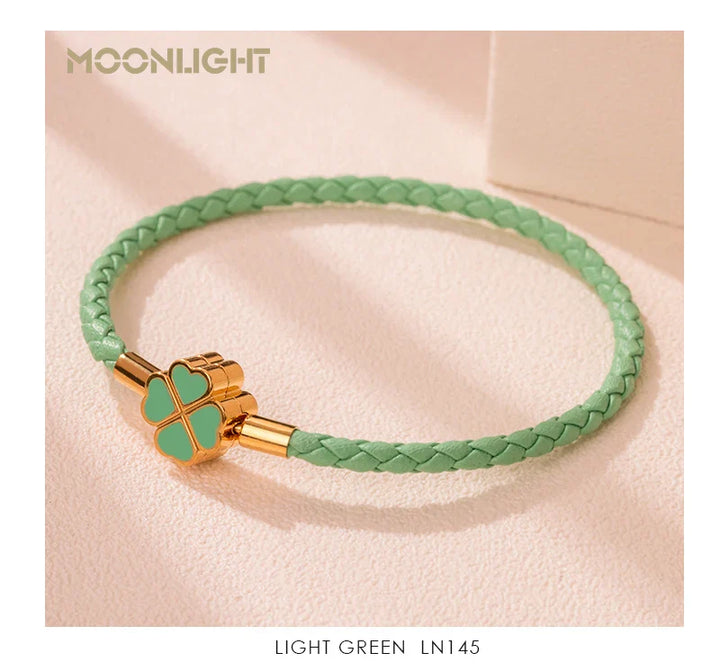 Women's Braided Leather Lucky Bracelet with Four Leaf Clover-The Yellow Prime