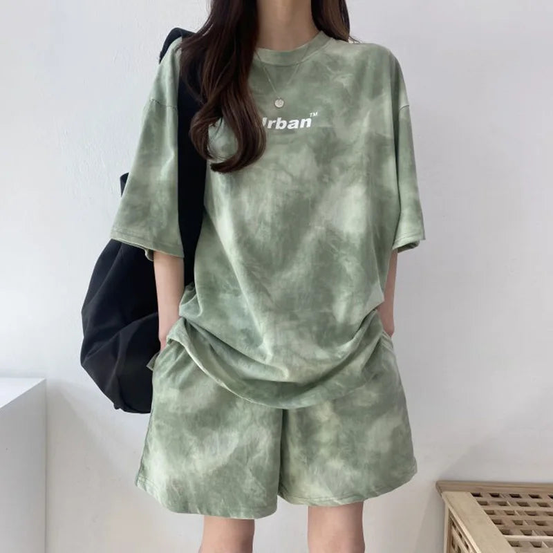 Women's Casual Tie Dye T-Shirt and Wide Leg Shorts Set-The Yellow Prime